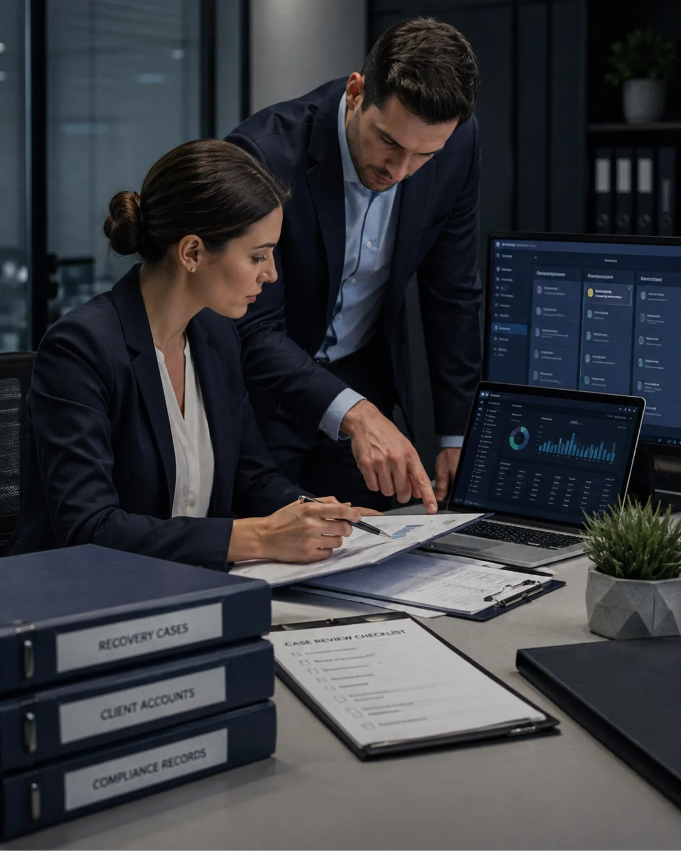 Business professional standing in a modern office workspace