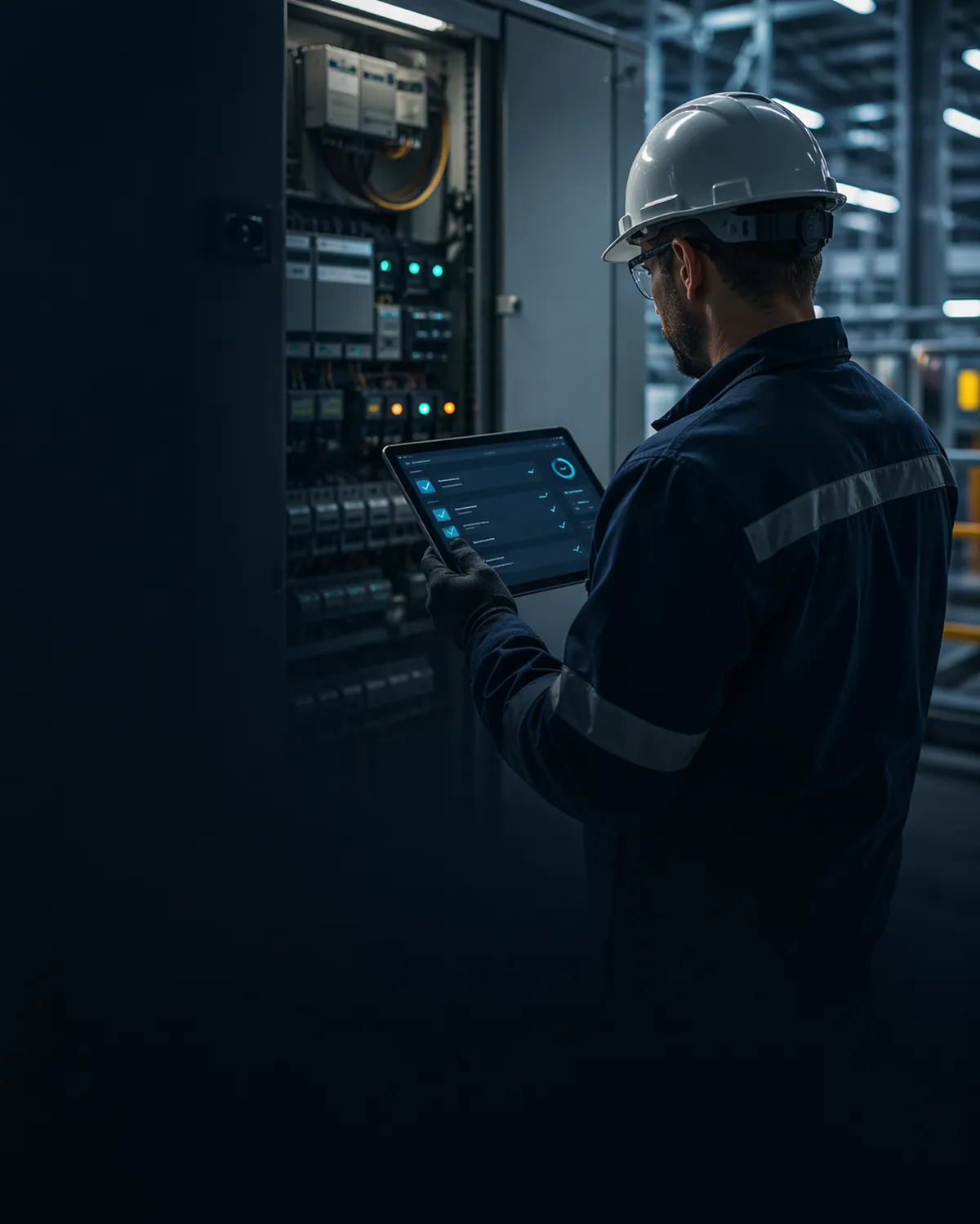 Engineer reviewing technical plans beside industrial equipment.