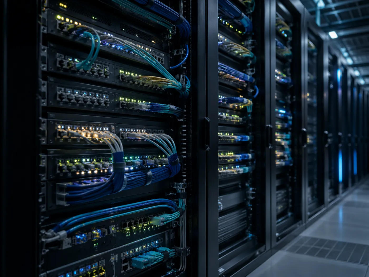 Network infrastructure racks inside a data center.